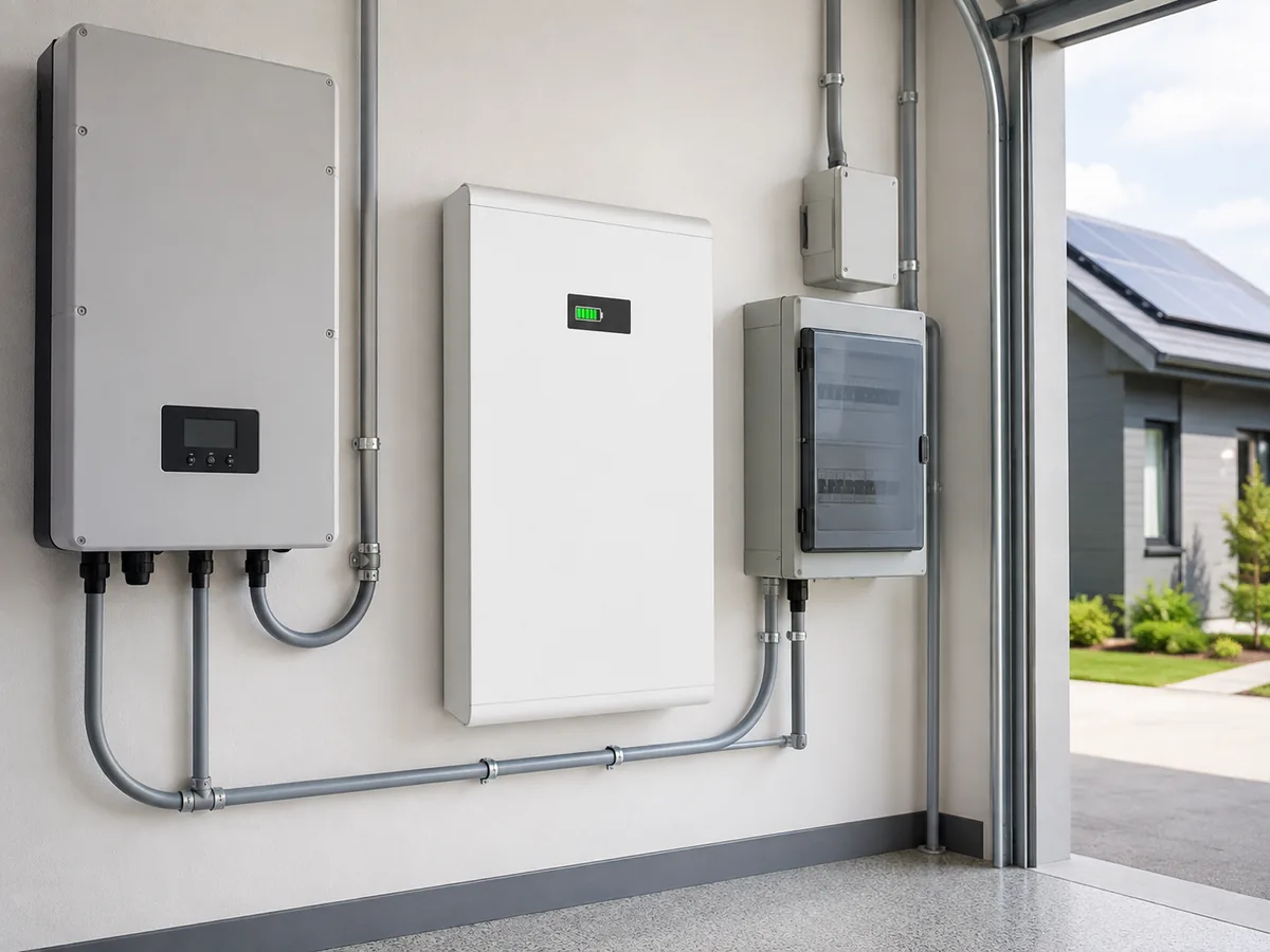 Wall-mounted LiFePO4 battery installed beside a residential solar inverter