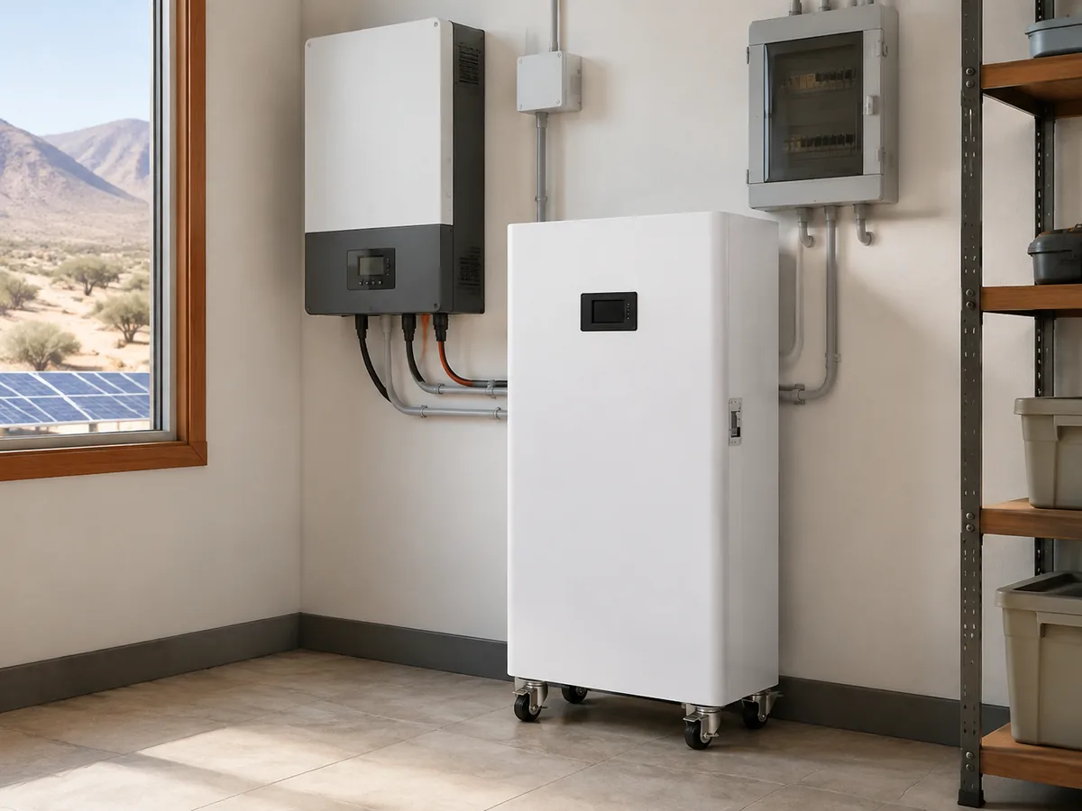 Floor-standing LiFePO4 battery in an off-grid home energy storage installation
