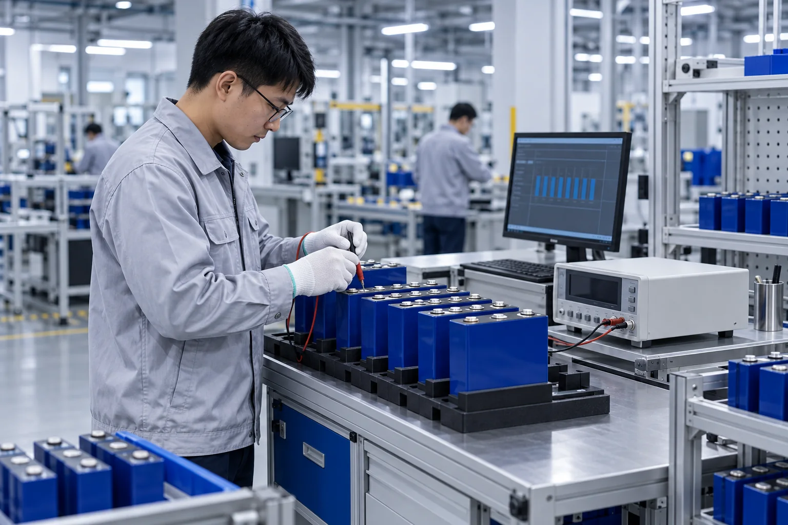 Illustrative technician inspecting and matching prismatic LiFePO4 battery cells