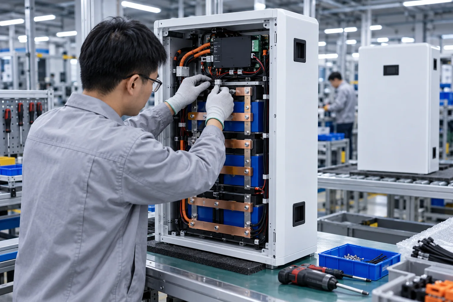 Illustrative technician assembling a LiFePO4 battery module and BMS wiring