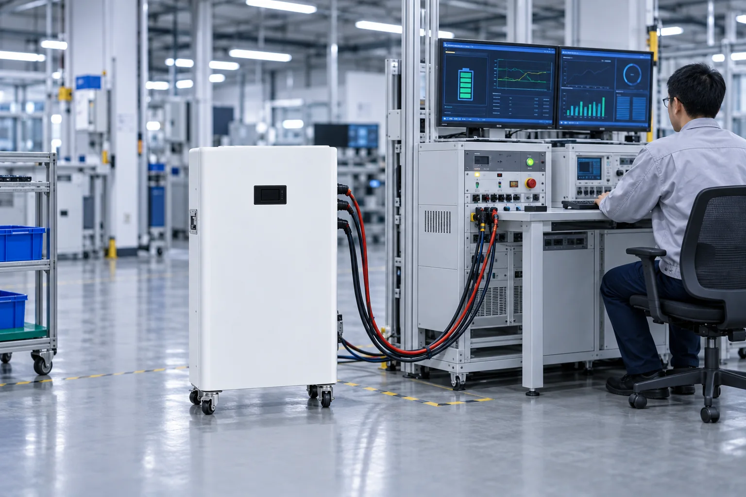 Illustrative floor-standing LiFePO4 battery connected to a functional test station