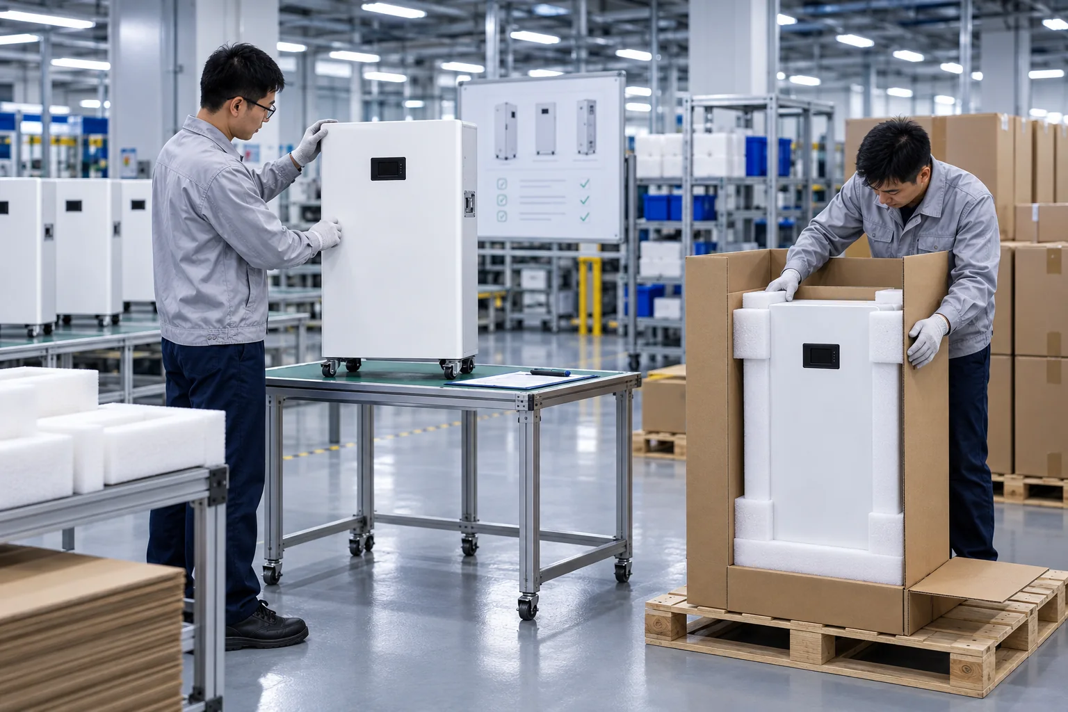 Illustrative final inspection and export packing of floor-standing LiFePO4 batteries