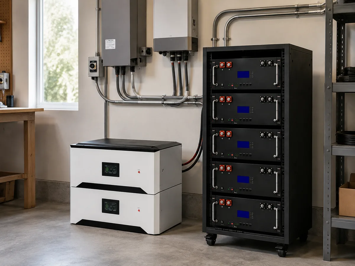 Rack-mounted and stackable batteries in a small commercial energy storage installation